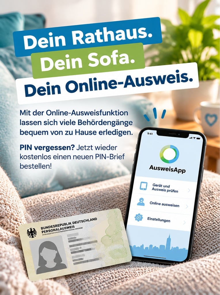 Dein Rathaus. Dein Sofa. Dein Online-Ausweis. Mit der Online-Ausweisfunktion lassen sich viele Behördengänge bequem von zu Hause erledigen. PIN vergessen? Jetzt wieder kostenlos einen neuen PIN-Brief bestellen!