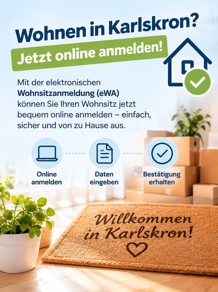 Wohnen in Karlskron? Jetzt online anmelden! Mit der elektronischen Wohnsitzanmeldung (eWA) können Sie Ihren Wohnsitz jetzt bequem online anmelden – einfach, sicher und von zu Hause aus. Online anmelden, Daten eingeben, Bestätigung erhalten.